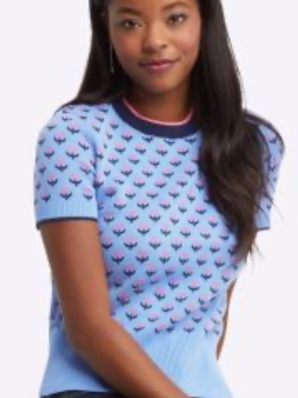 Draper James Light Blue Knit Short-Sleeve Sweater with Navy and Pink Accents